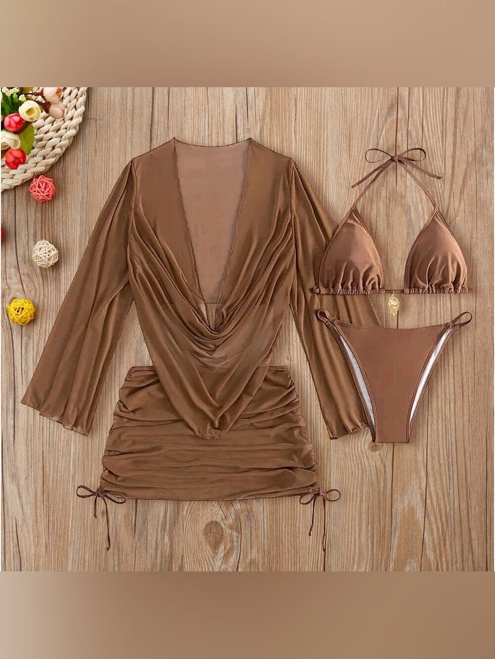 Women's Brown 4-Piece Bikini Set with Draped Cover-Up - Chic Beachwear